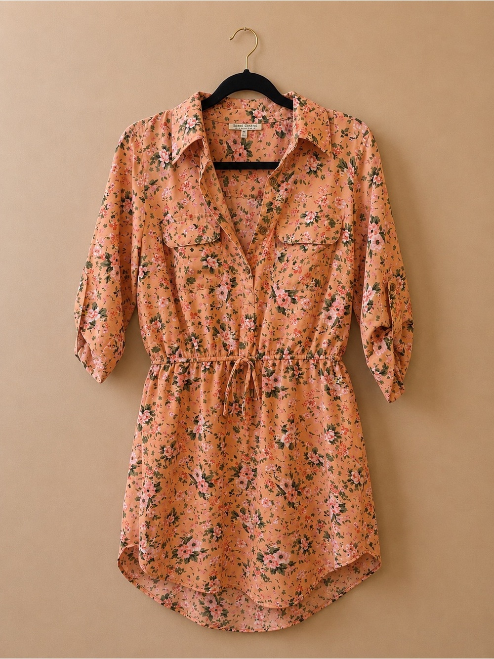 Speed Control Peach Floral Drawstring Shirt Dress